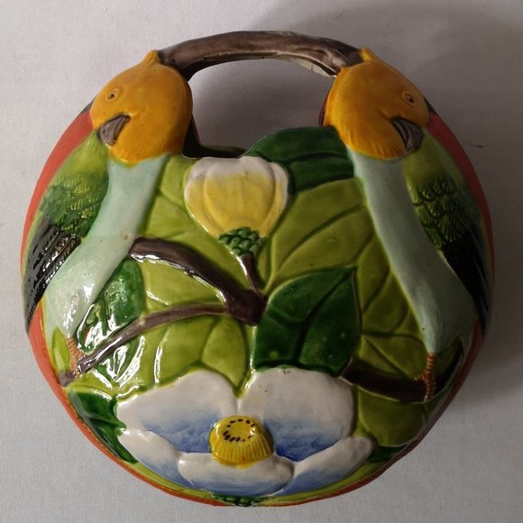 Vintage Ceramic Hanging Pocket with Colourful Parrots and Flowers Made in Japan - Picture 1 of 6